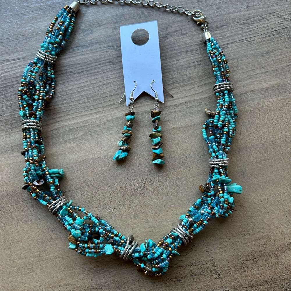Turquoise and Brown Beaded Necklace and Earring Set